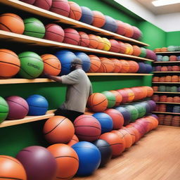 A vibrant store filled with basketballs of various colors and sizes