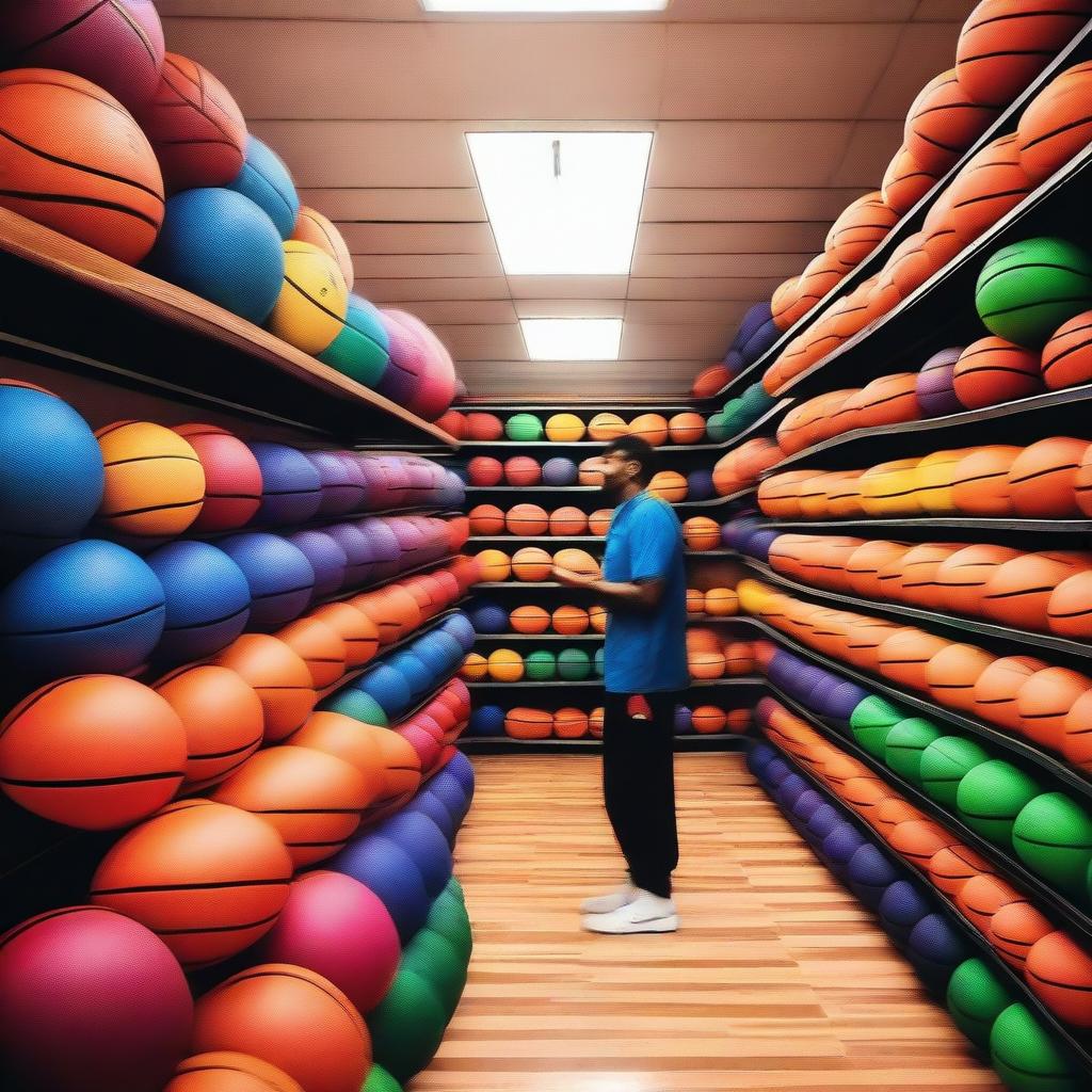 A vibrant store filled with basketballs of various colors and sizes