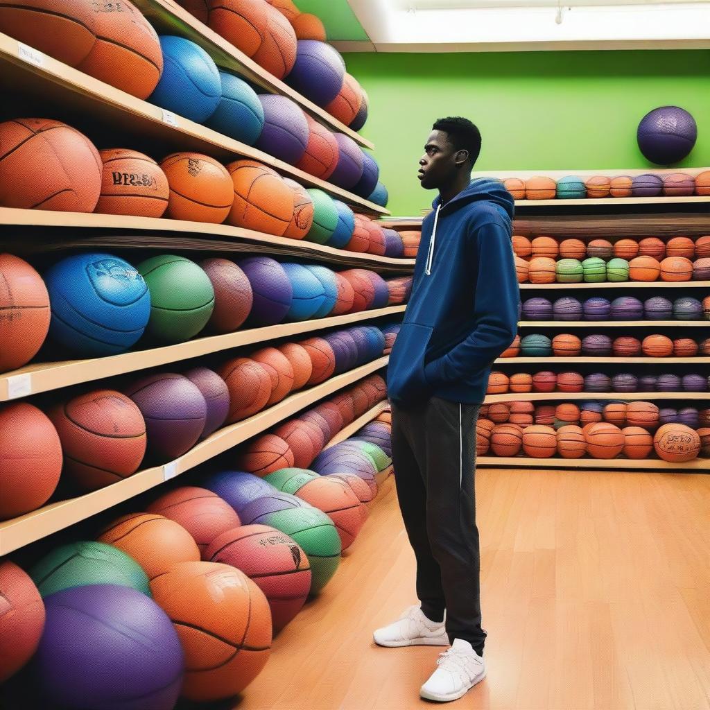 A vibrant store filled with basketballs of various colors and sizes