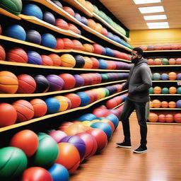 A vibrant store filled with basketballs of various colors and sizes