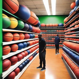 A vibrant store filled with basketballs of various colors and sizes