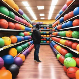 A vibrant store filled with basketballs of various colors and sizes