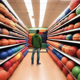 A vibrant store filled with basketballs of various colors and sizes