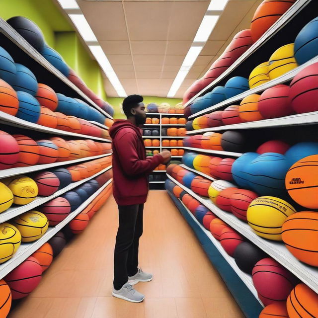 A vibrant store filled with basketballs of various colors and sizes