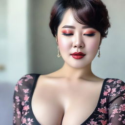 A close-up front view of a cute housewife with Korean makeup and closed eyes