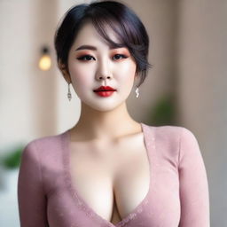 A close-up front view of a cute housewife with Korean makeup and closed eyes