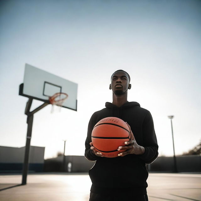 A person is holding a basketball with both hands, standing in a casual pose