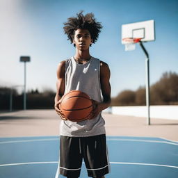 A person is holding a basketball with both hands, standing in a casual pose