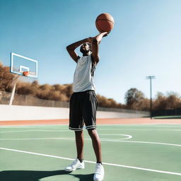 A person is holding a basketball with both hands, standing in a casual pose