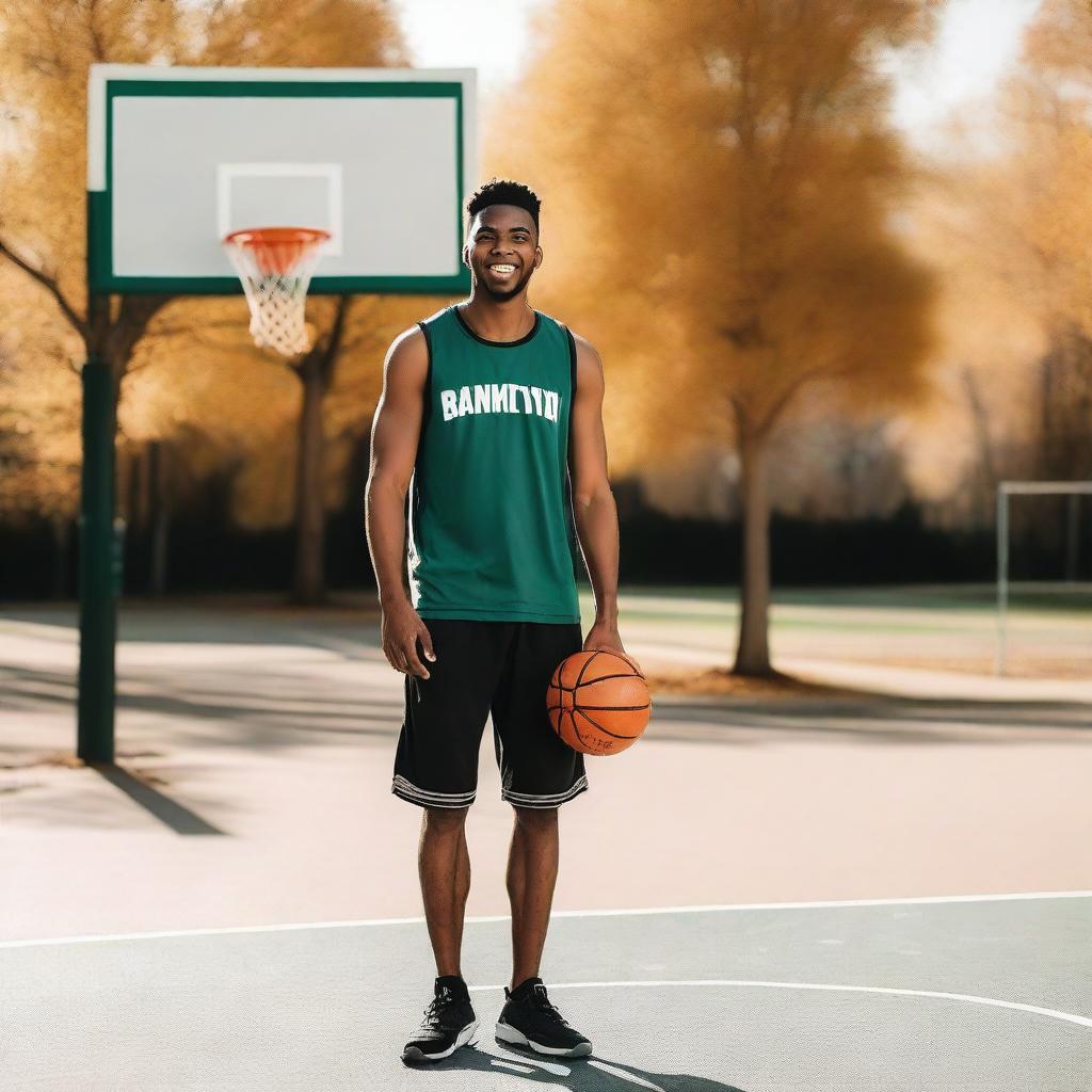 A person holding a basketball with a smile on their face, standing on a basketball court