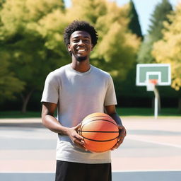 A person holding a basketball with a smile on their face, standing on a basketball court