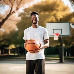 A person holding a basketball with a smile on their face, standing on a basketball court