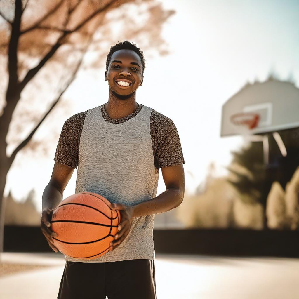 A person holding a basketball with a smile on their face, standing on a basketball court