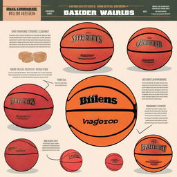 An informative illustration showing different types of basketballs with labels and descriptions