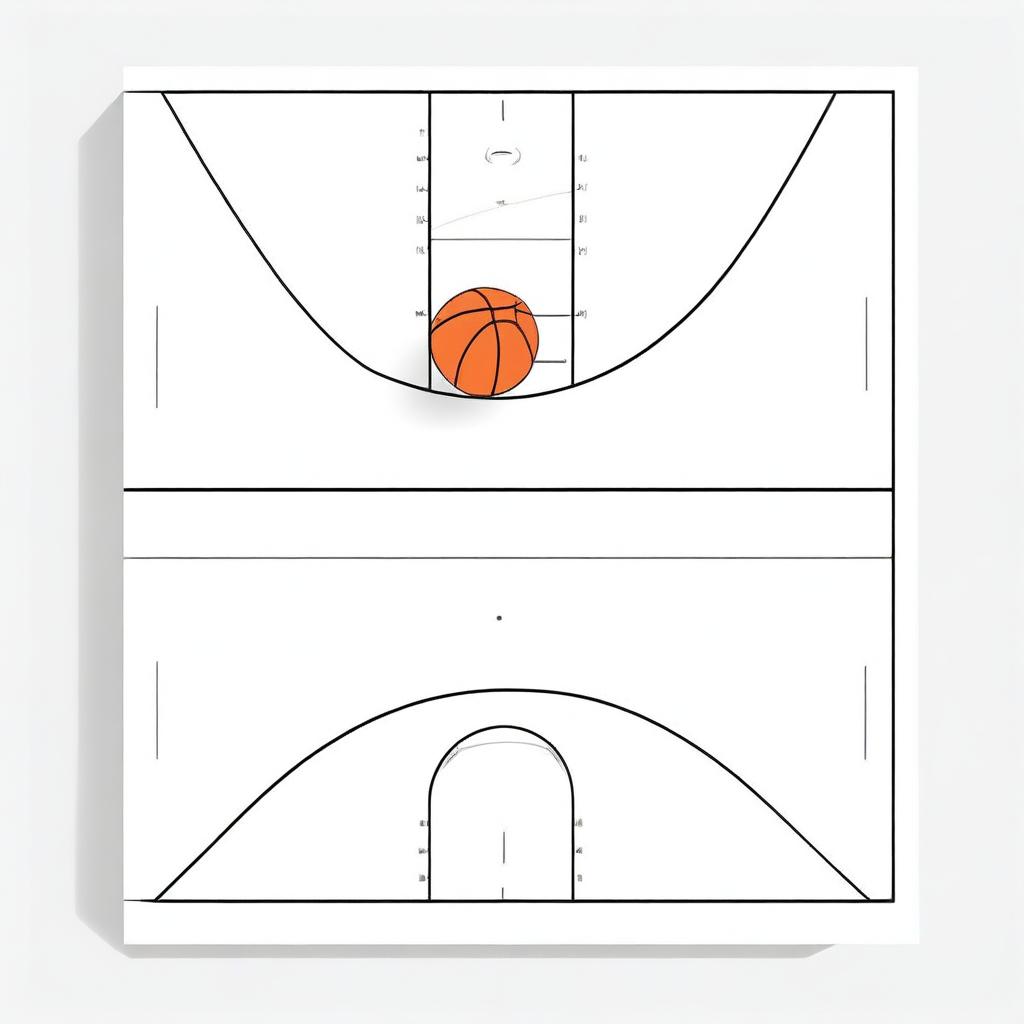 A simple and clean illustration of a basketball court with a basketball placed on the floor