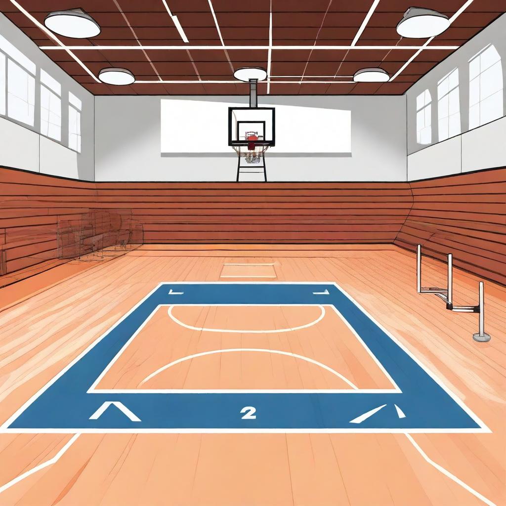 A detailed illustration of a basketball court, complete with markings for the three-point line, free-throw line, and center circle