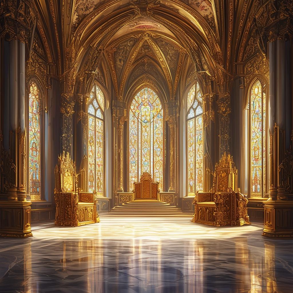 A detailed digital painting of a grand and opulent royal throne room for a fantasy novel cover, featuring vaulted ceilings, stained glass windows, lavish tapestries, a marble floor, and an ornate gold throne