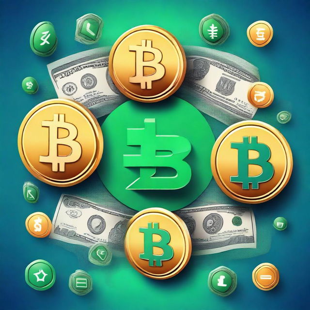 A digital illustration of cash and cryptocurrency symbols intertwined