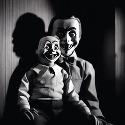 A chilling scene from a horror movie featuring a ventriloquist dummy with an eerie, sinister grin