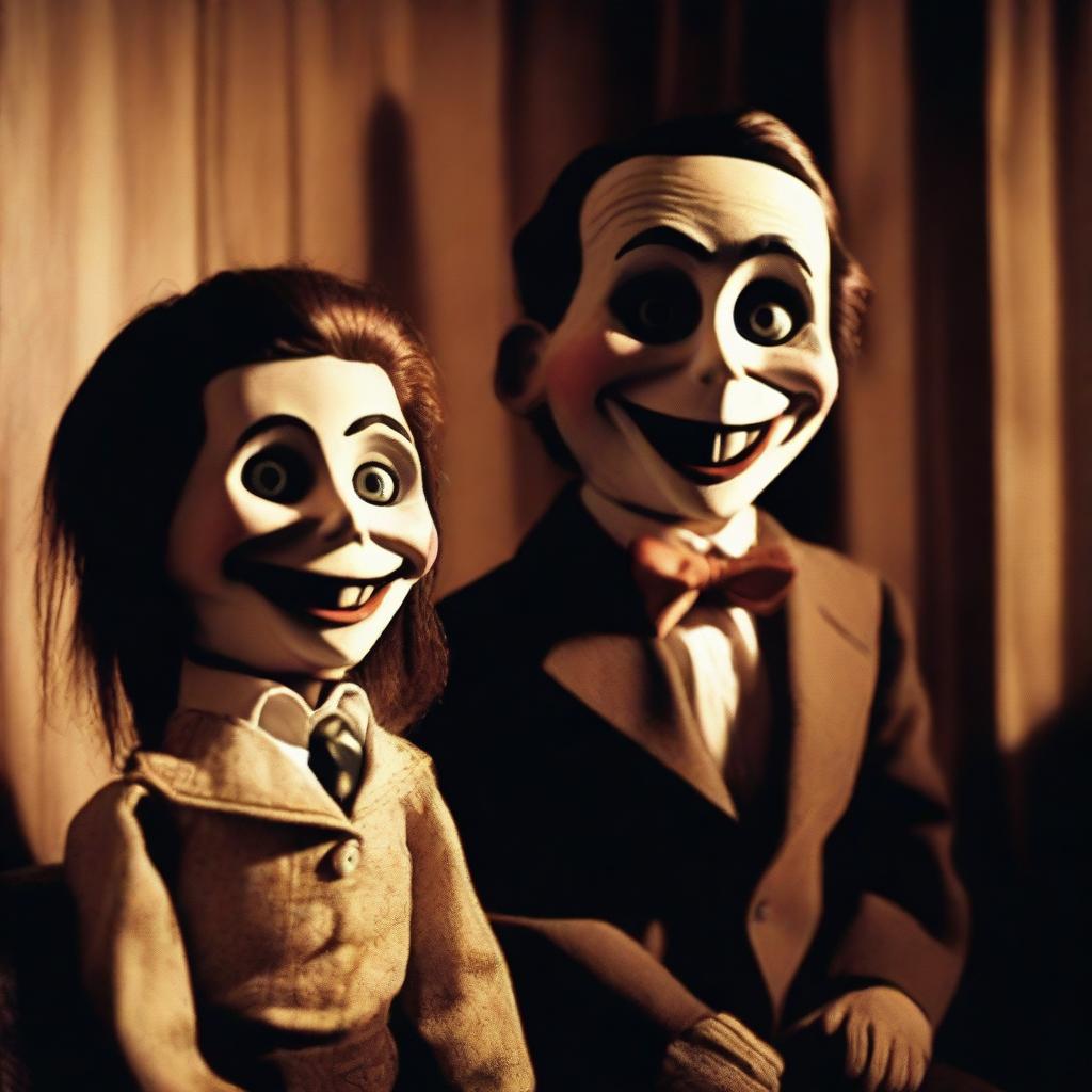 A chilling scene from a horror movie featuring a ventriloquist dummy with an eerie, sinister grin