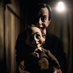 A dark and eerie scene from a horror movie featuring a ventriloquist