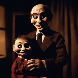 A dark and eerie scene from a horror movie featuring a ventriloquist