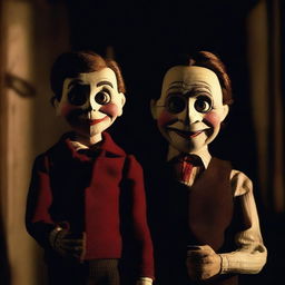 A dark and eerie scene from a horror movie featuring a ventriloquist