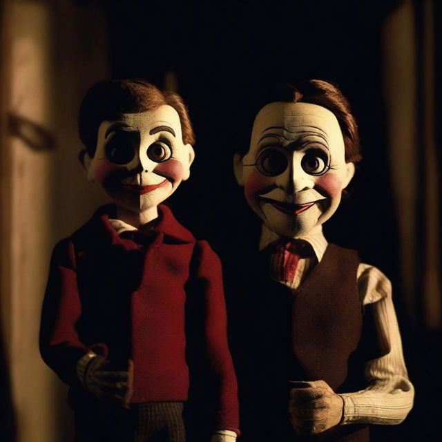 A dark and eerie scene from a horror movie featuring a ventriloquist