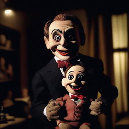 A dark and eerie scene from a horror movie featuring a ventriloquist