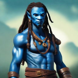 An African Male Water Genasi with complete blue skin and locs, resembling characters from the movie Avatar