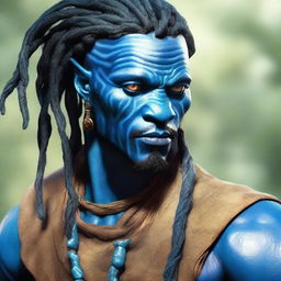 An African Male Water Genasi with complete blue skin and locs, resembling characters from the movie Avatar