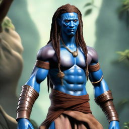 An African Male Water Genasi with complete blue skin and locs, resembling characters from the movie Avatar