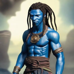 An African Male Water Genasi with complete blue skin and locs, resembling characters from the movie Avatar