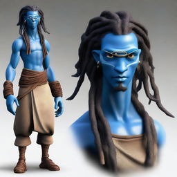 An African Male Water Genasi with complete blue skin and locs, resembling characters from the movie Avatar