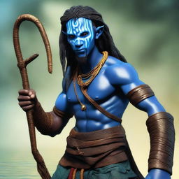 An African Male Water Genasi with complete blue skin and locs, resembling characters from the movie Avatar