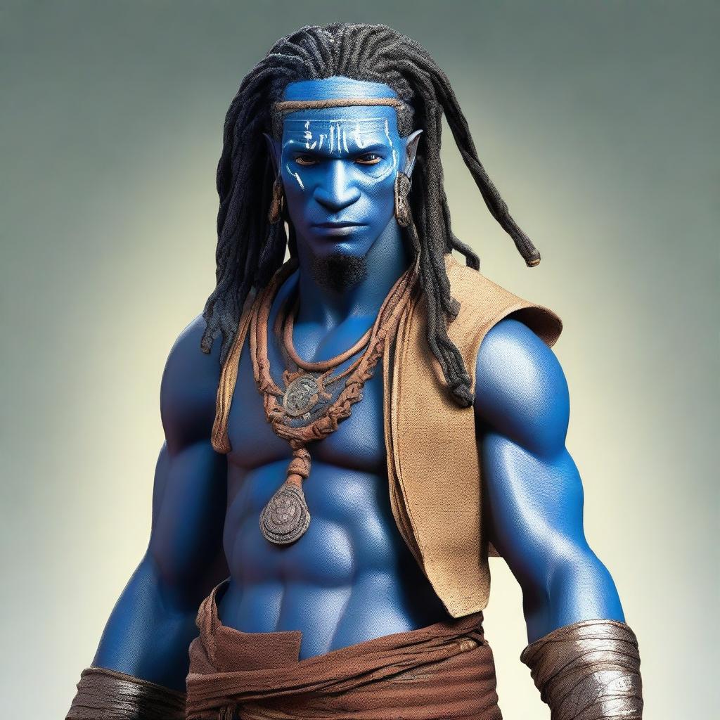 An African Male Water Genasi with complete blue skin and locs, resembling characters from the movie Avatar