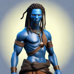 An African Male Water Genasi with complete blue skin and locs, resembling characters from the movie Avatar