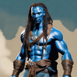 An African Male Water Genasi with complete blue skin and locs, resembling characters from the movie Avatar