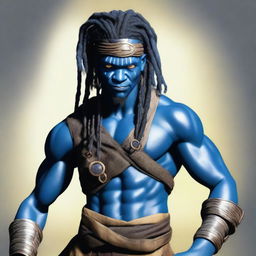 An African Male Water Genasi with complete blue skin and locs, resembling characters from the movie Avatar