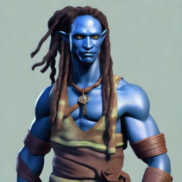 An African Male Water Genasi with complete blue skin and locs, resembling characters from the movie Avatar