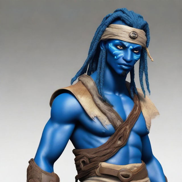 An African Male Water Genasi with complete blue skin and locs, resembling characters from the movie Avatar