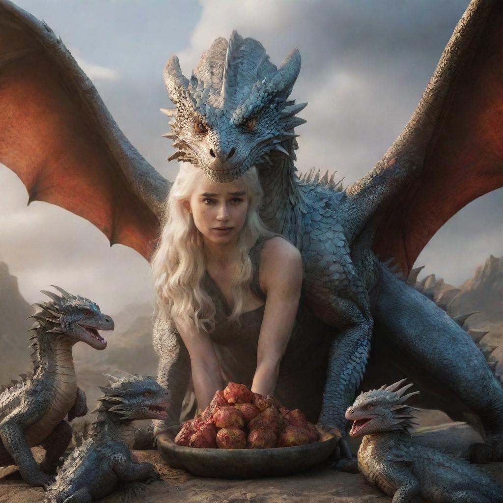 A realistic depiction of Daenerys Targaryen's dragon tenderly feeding its three baby dragons