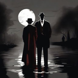 A mafia boss standing with his lover by a river of blood, both dressed in 1920s attire