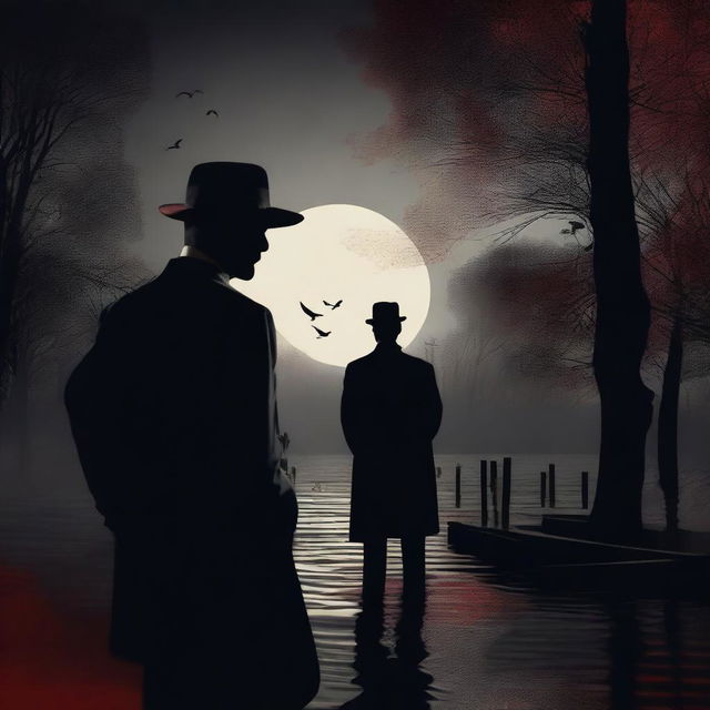 A mafia boss standing with his lover by a river of blood, both dressed in 1920s attire