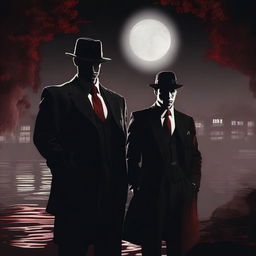 A mafia boss standing with his lover by a river of blood, both dressed in 1920s attire