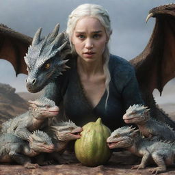 A realistic depiction of Daenerys Targaryen's dragon tenderly feeding its three baby dragons