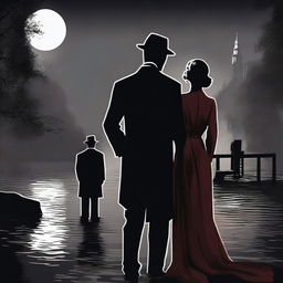 A mafia boss standing with his lover by a river of blood, both dressed in 1920s attire