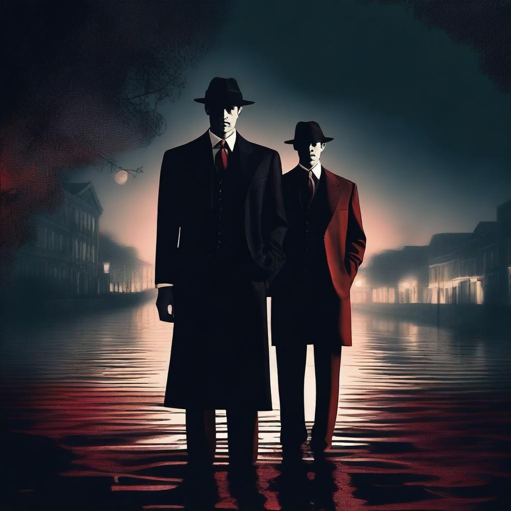 A mafia boss standing with his lover by a river of blood, both dressed in 1920s attire