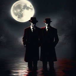 A mafia boss standing with his lover by a river of blood, both dressed in 1920s attire