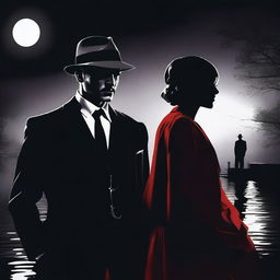 A mafia boss standing with his lover by a river of blood, both dressed in 1920s attire